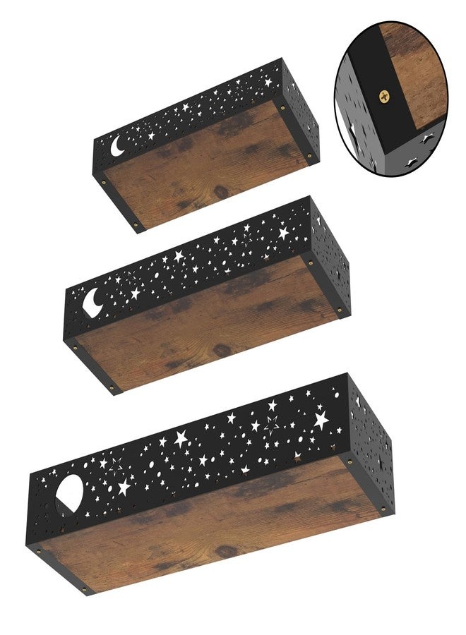 Serwrsw Moon and Stars Wall Shelves Black, Set of 3 Small Floating Shelves for Bedroom Living Room Wall Storage or Decor, Brown Board - Image 3